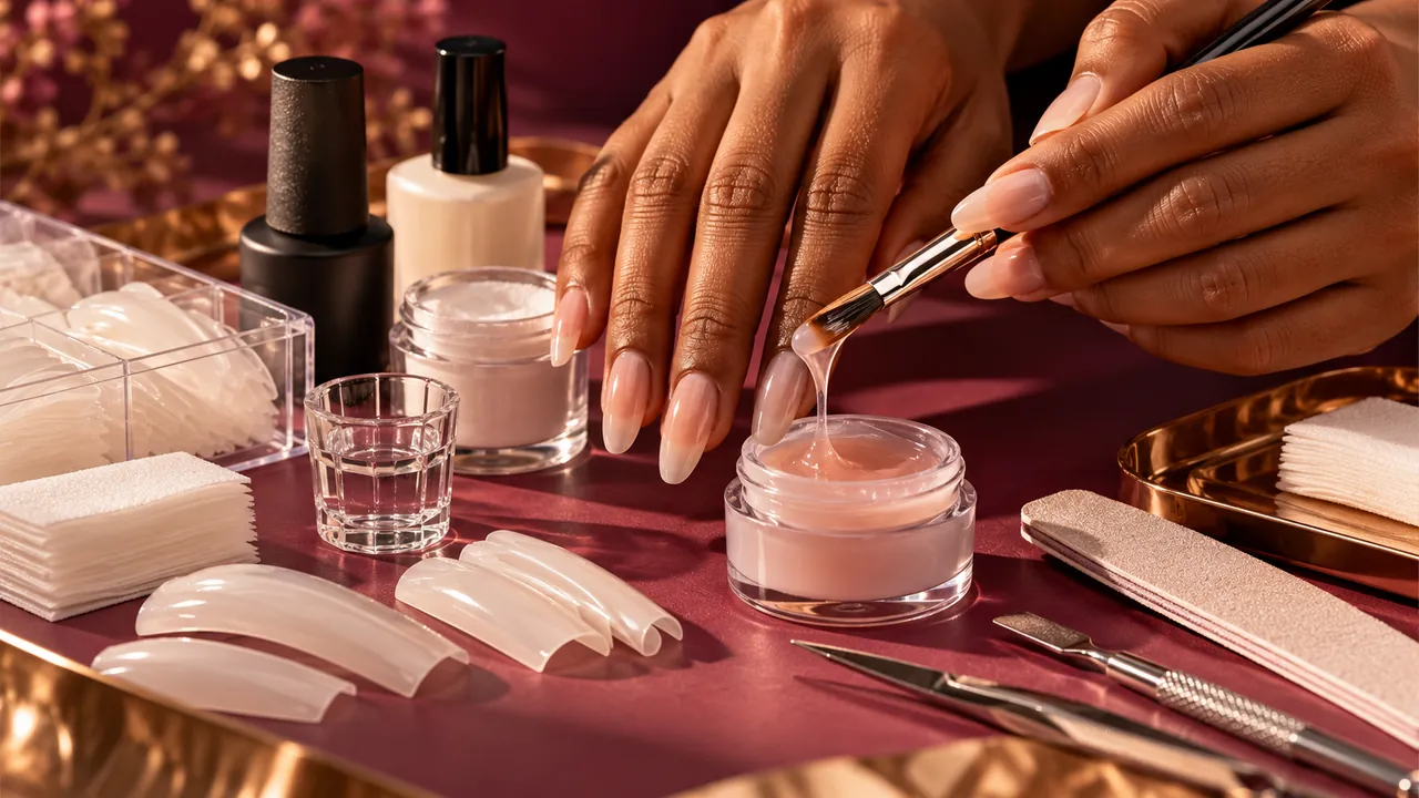 Imagem editorial sobre os materiais do alongamento no guia alongamento de unhas: tipos, materiais, manutenção e remoção