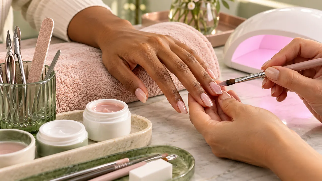 Imagem editorial sobre passo a passo do que acontece no salão no guia banho de gel nas unhas: como funciona e cuidados