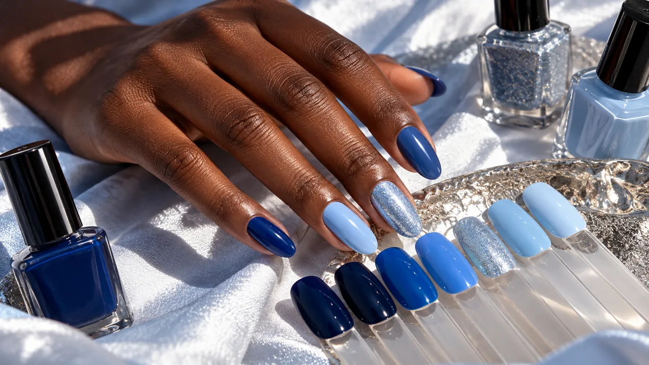 Imagem editorial sobre como escolher pelo subtom da pele no guia unhas azuis: tons, decoradas e como combinar