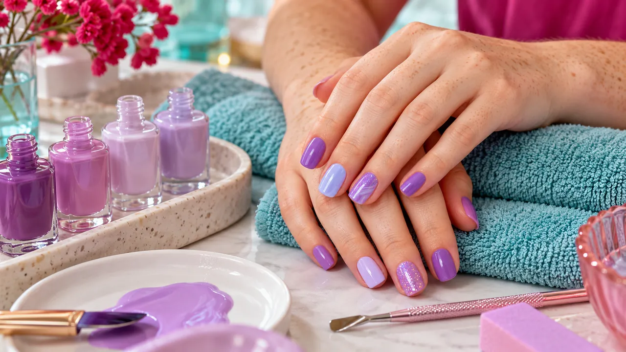 Imagem editorial sobre os tons de lilás no guia unhas lilás: tons, decoradas e combinações