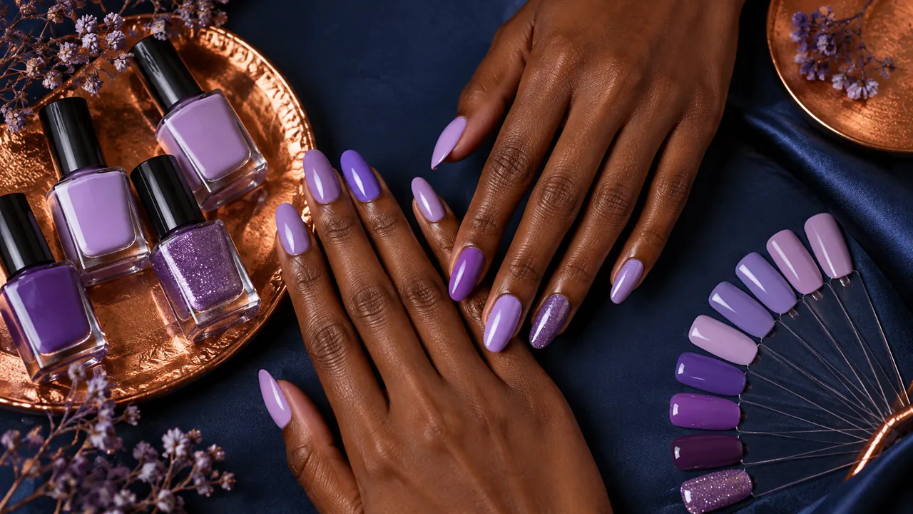 Imagem editorial sobre como escolher o tom pelo subtom da pele no guia unhas lilás: tons, decoradas e combinações