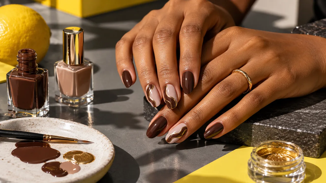 Imagem editorial sobre unhas marrons decoradas no guia unhas marrons: tons, decoradas e francesinha marrom
