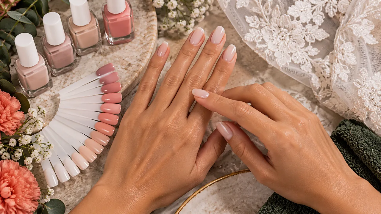 Imagem editorial sobre que cor combina com o vestido e o tom de pele no guia unhas para noivas: modelos clássicos e delicados