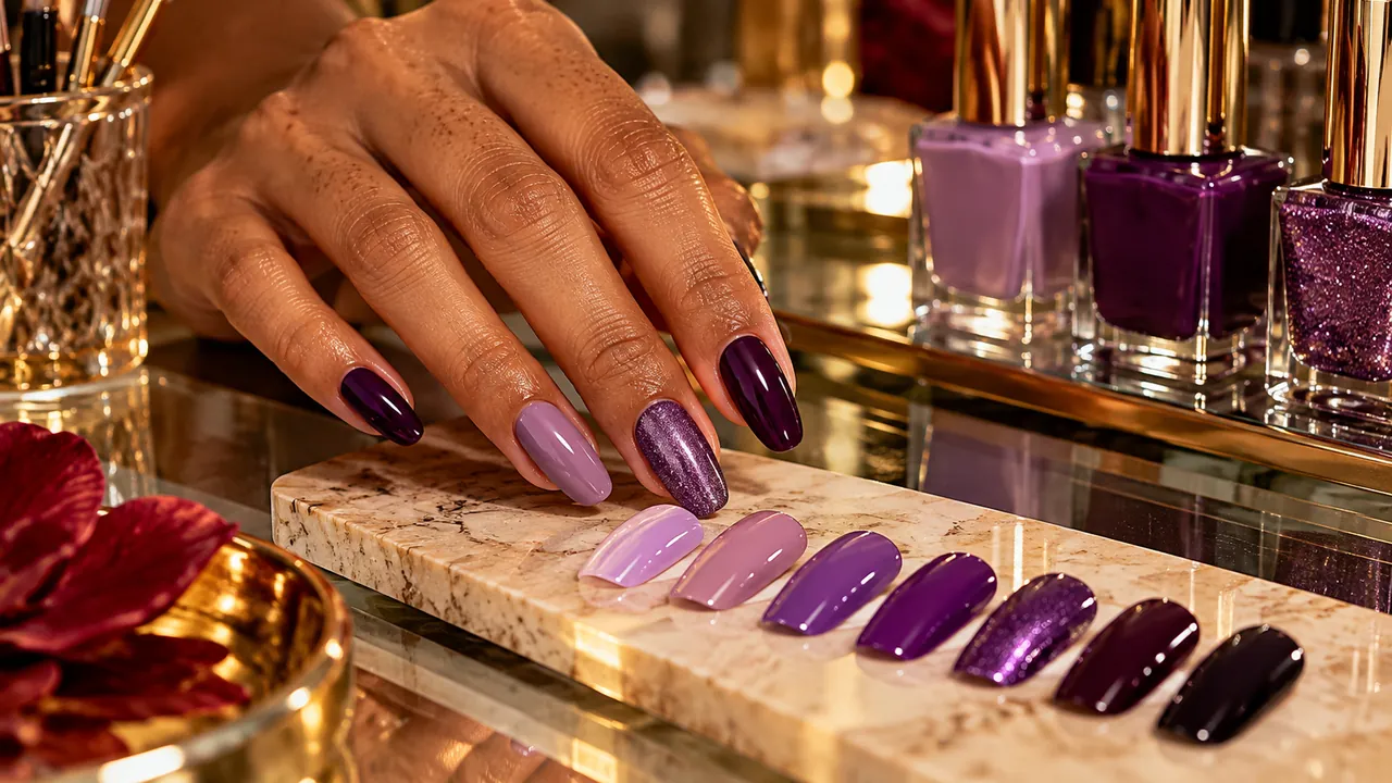 Imagem editorial sobre os tons de roxo no guia unhas roxas: tons, acabamentos e decorações