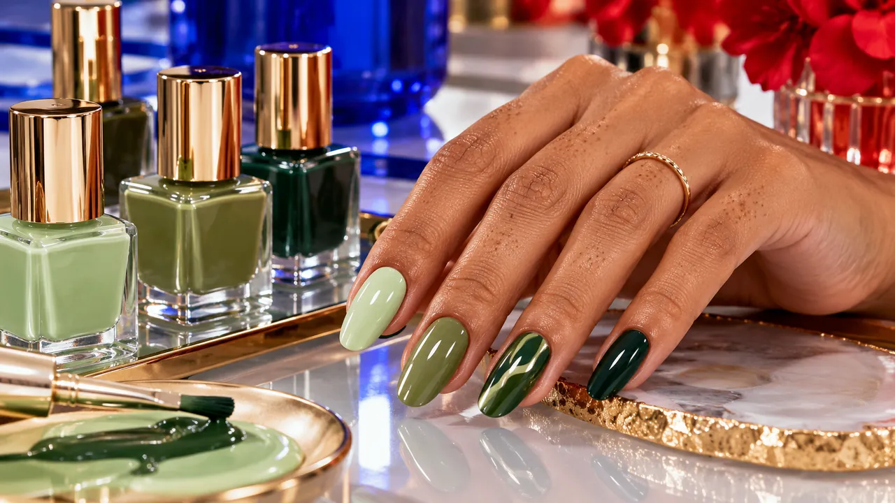 Imagem editorial sobre os tons de verde no guia unhas verdes: verde água, oliva e decoradas