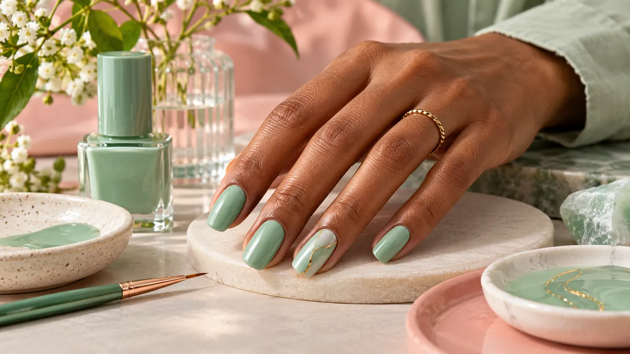 Imagem editorial sobre verde água em detalhe no guia unhas verdes: verde água, oliva e decoradas