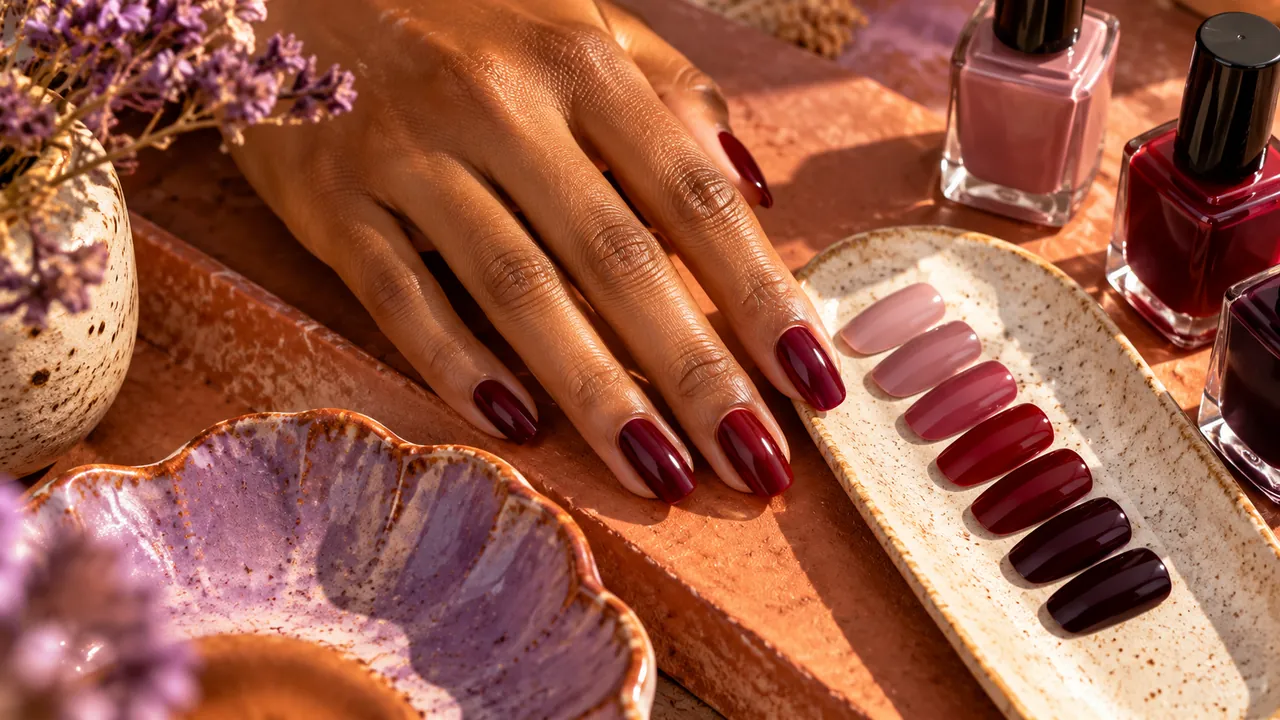 Imagem editorial sobre escolha pelo subtom no guia unhas vinho: tons, decoradas e combinações